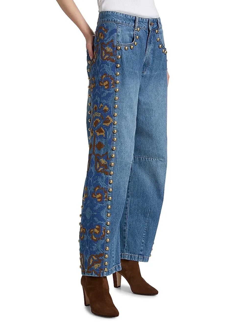 FARM Rio Blue Wide-Leg Jeans with Brown Embroidered Side Panels
